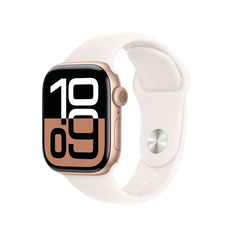 Apple Watch Series 10 42mm Růžově zlatý hliník se světle ruměnným sportovním řemínkem S/M