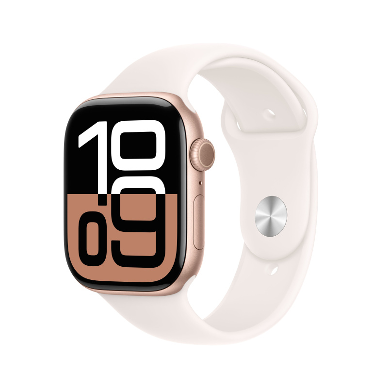Apple Watch Series 10 46mm Růžově zlatý hliník se světle ruměnným sportovním řemínkem S/M