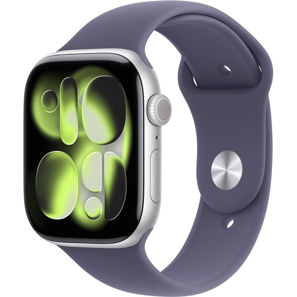 Apple Watch Series 11 (46mm) Stříbrný hliník s mlžně fialovým sportovním řemínkem M/L