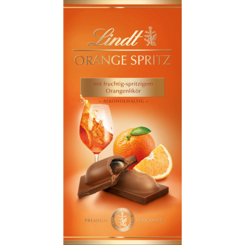 Lindt Orange Spritz jemná čokoláda s osvěžující náplní z pomerančového likéru