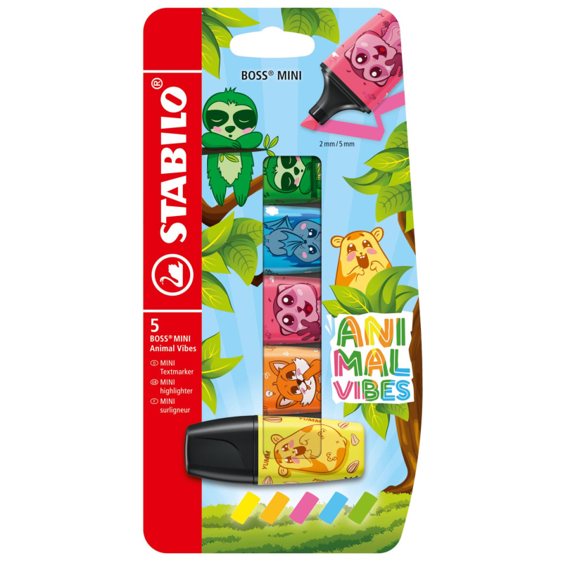 Zvýrazňovač - STABILO BOSS MINI Animal Vibes - 5 ks sada - neonové farby