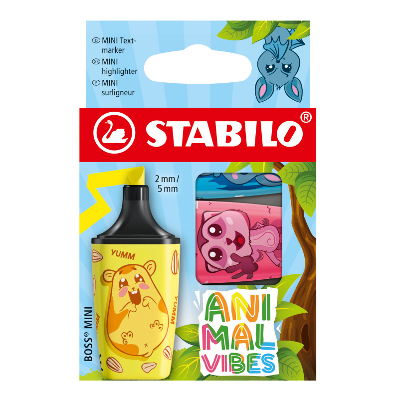 Zvýrazňovač - STABILO BOSS MINI Animal Vibes - 3 ks sada - neonové farby