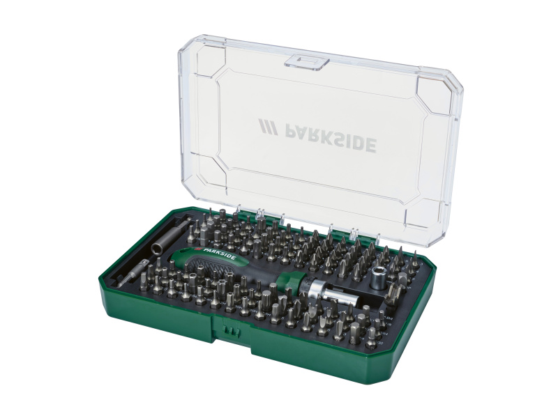 Parkside® Sada bitů s ráčnovým šroubovákem, 115dílná