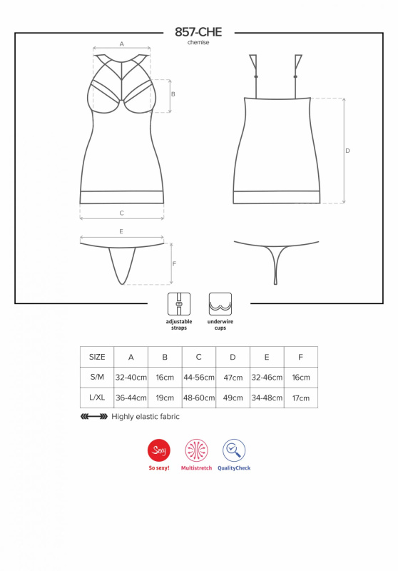 Jedinečná košilka 857 - CHE chemise - Obsessive černá S/M