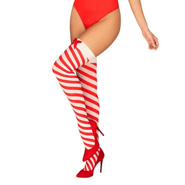 Obsessive Kissmas stockings Vánoční pruhované punčochy  -  červenobílé | L/XL