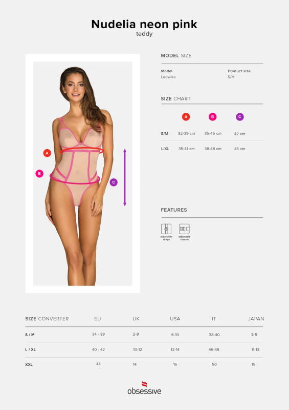 Elegantní body Nudelia teddy neon pink - Obsessive S/M růžova