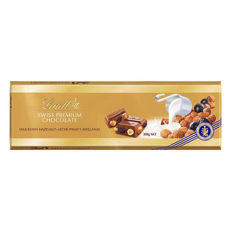 Lindt Švýcarská Mléčná čokoláda s rozinkami a oříšky 300g
