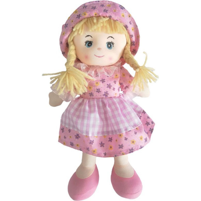 Panenka hadrová 30 cm světle růžové šatičky a čepicí