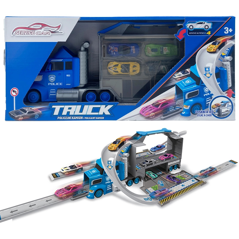Policejní kamion se 4 auty a dopravními značkami