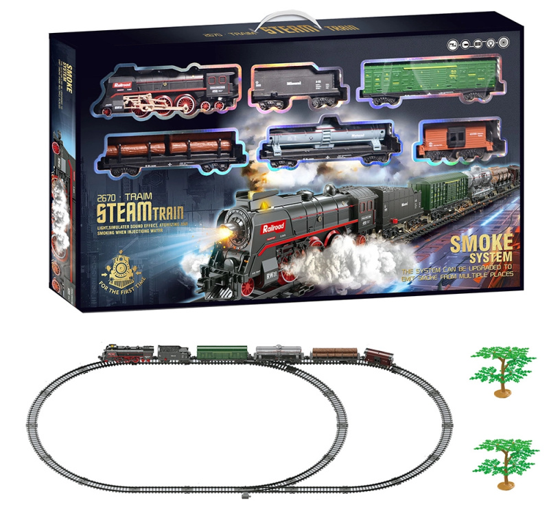 SET Elektrická vláčkodráha -  Parní lokomotiva s kouřem, světlem a zvukem na baterie 89 ks