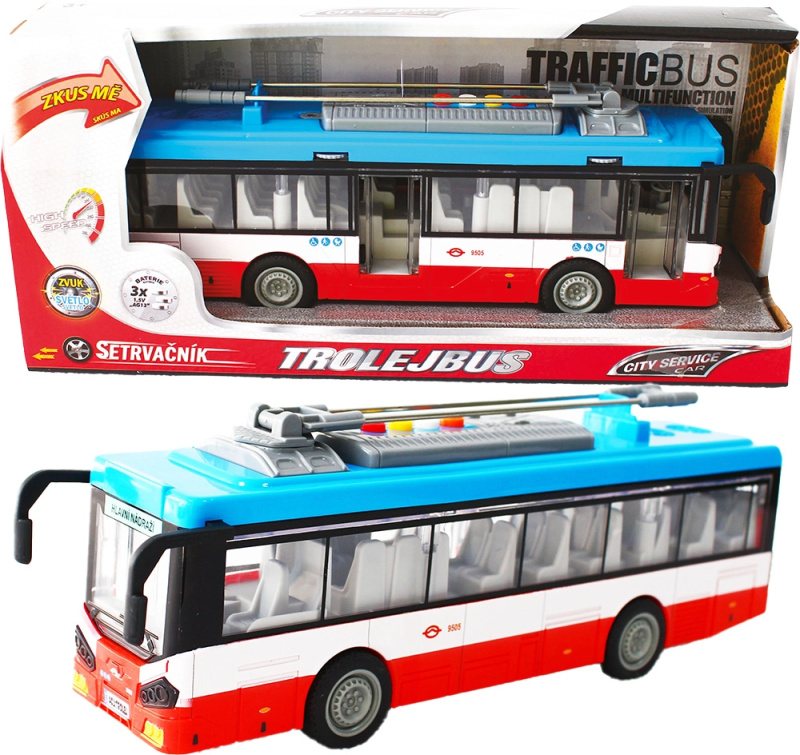 Městský trolejbus na setrvačník s osvětlením a zvukem - červený