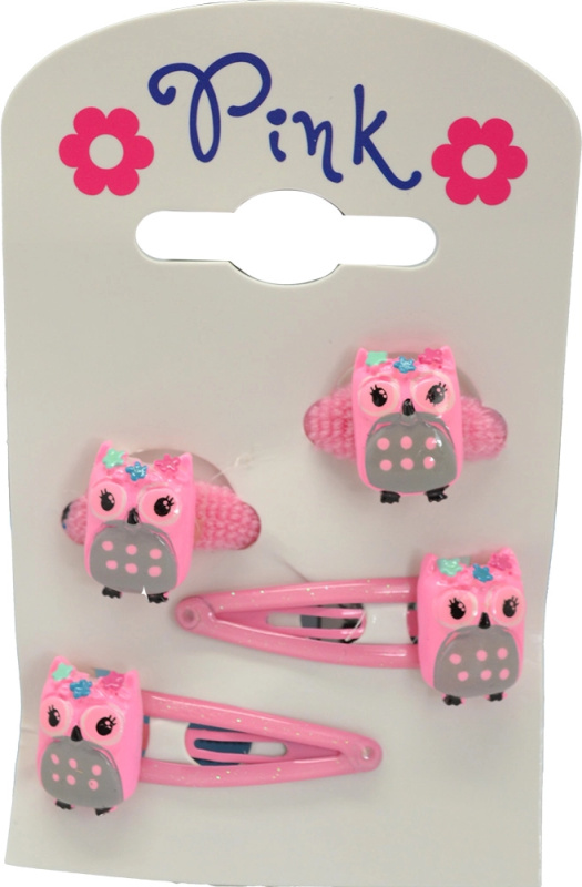 Velká sada spon a gumiček do vlasů Sova – růžová