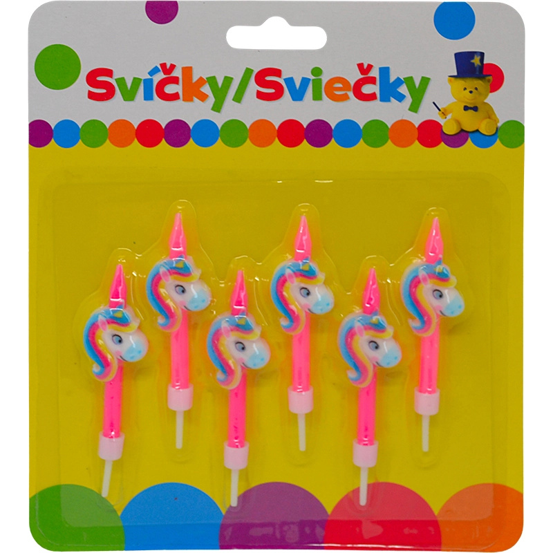 Narozeninové svíčky s jednorožcem a držákem, 6 ks