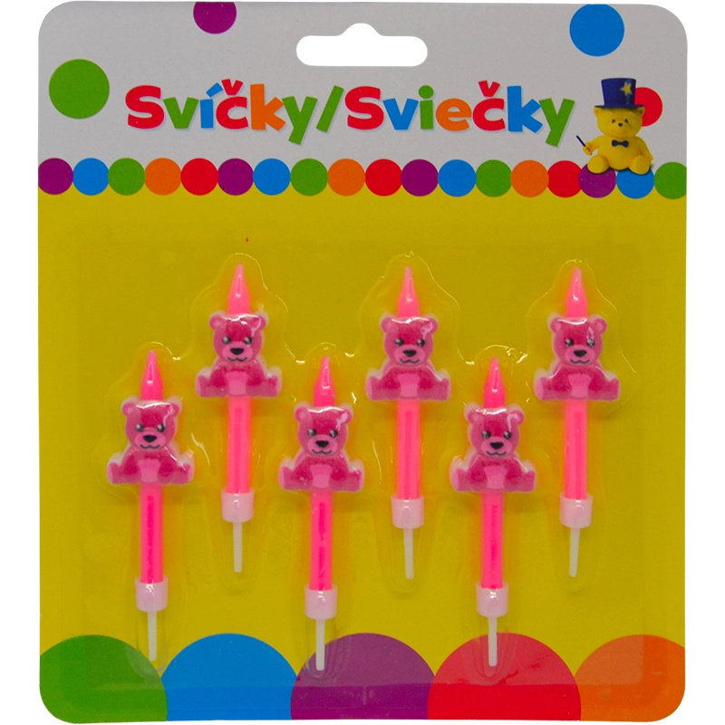 Narozeninové svíčky s růžovým medvídkem na držáku, 6 ks