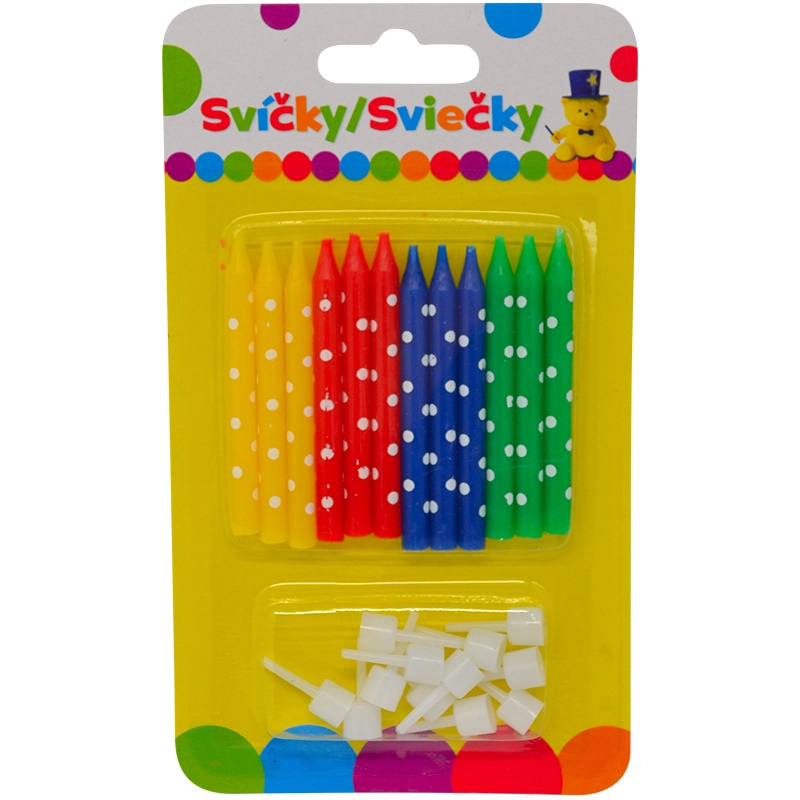 Narozeninové barevné svíčky s držáky, 12 ks