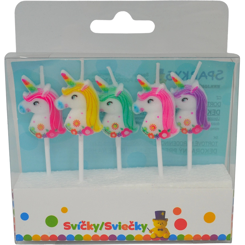 Narozeninové svíčky s jednorožcem a držáky, 5 ks
