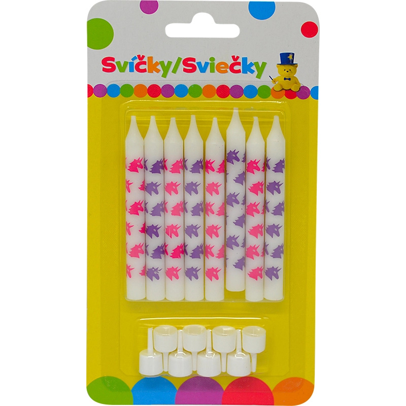 Narozeninové svíčky s jednorožcem a držákem, 8 ks