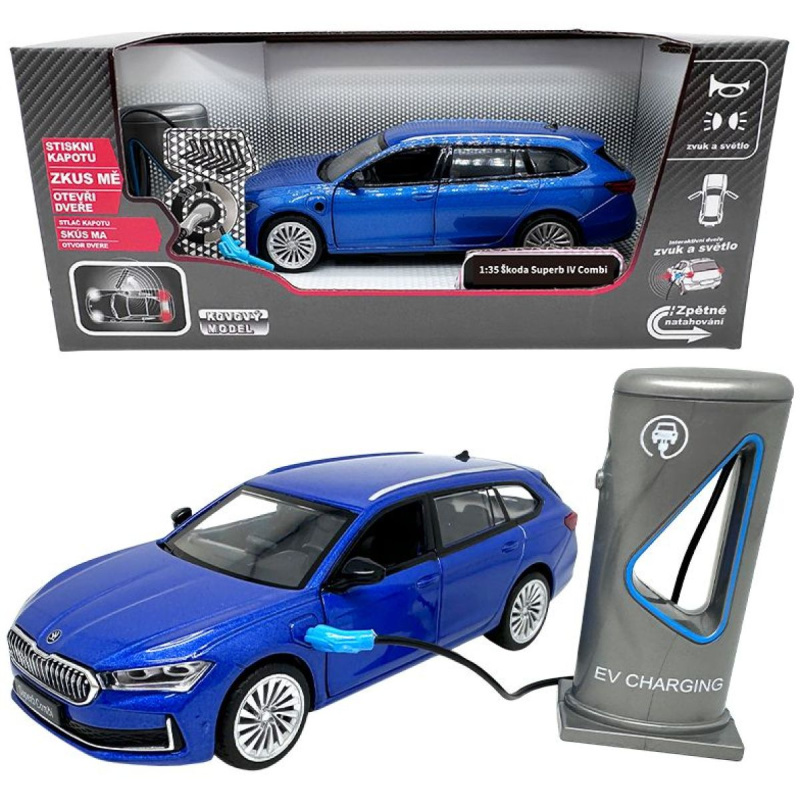 Kovový model - 1:35 Škoda Superb IV Combi modré + nabíjecí stanice