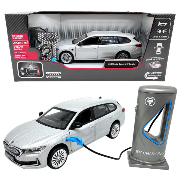 Kovový model - 1:35 Škoda Superb IV Combi Stříbrně šedá + nabíjecí stanice