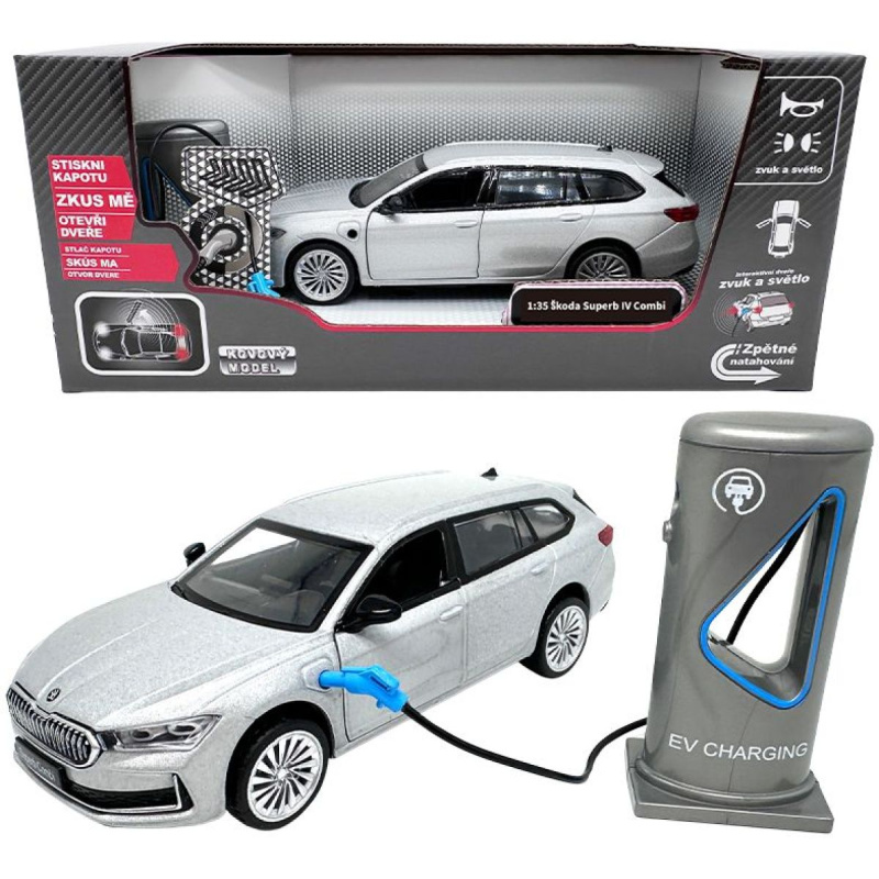 Kovový model - 1:35 Škoda Superb IV Combi Stříbrně šedá + nabíjecí stanice