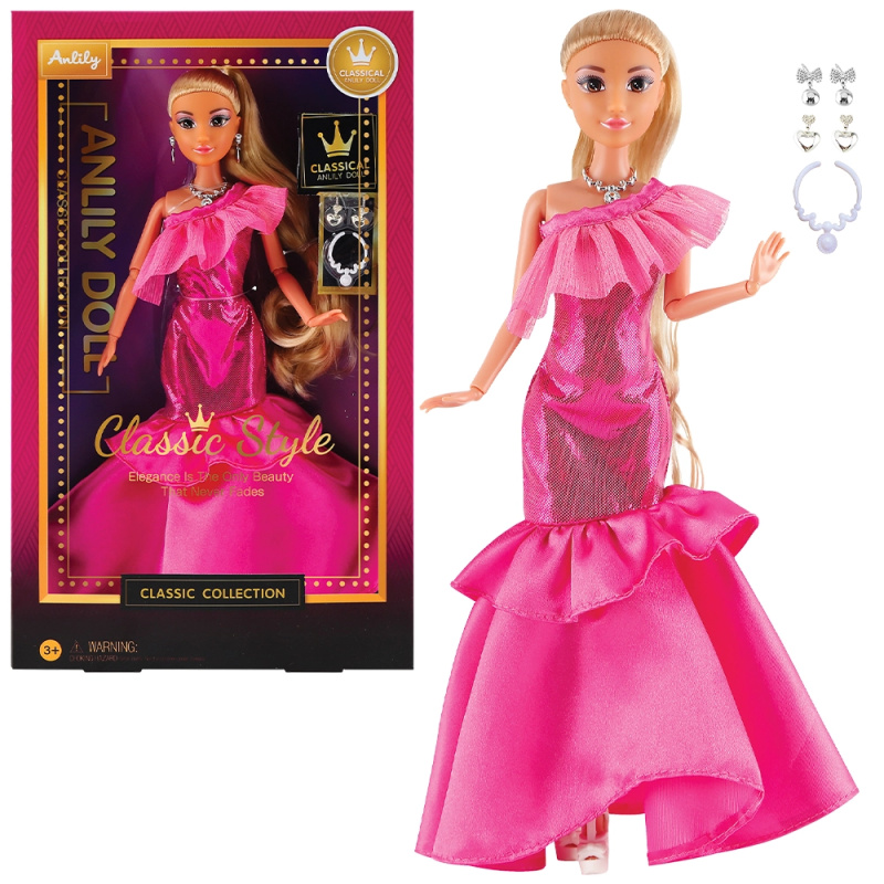 Módní panenka ve společenských šatech - tmavě růžové šaty