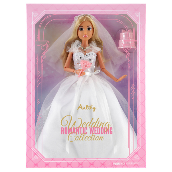 Módní panenka v bílých svatebních šatech s kyticí