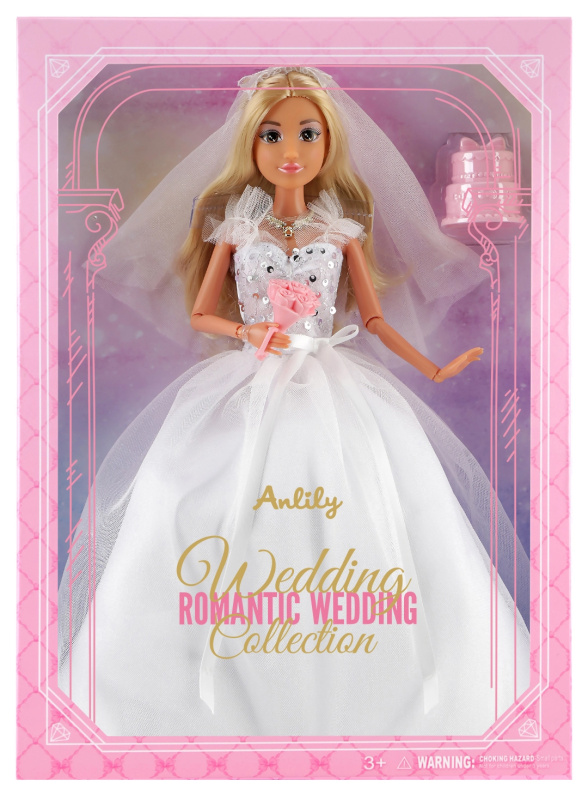 Módní panenka v bílých svatebních šatech s kyticí