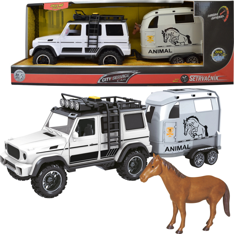 CITY SERVICE CAR - 1:14 - Terénní vozidlo s přívěsem a koněm (se zvukem a světly)