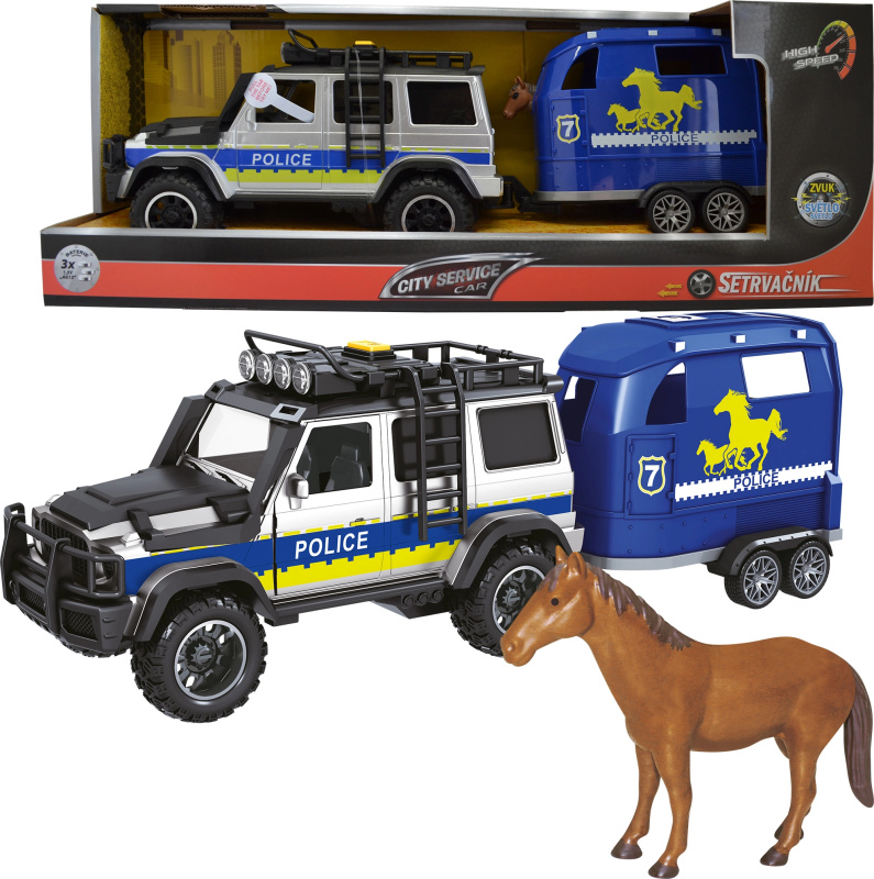 CITY SERVICE CAR - 1:14 - Policejní auto s přívěsem a koněm (se zvukem a světly)