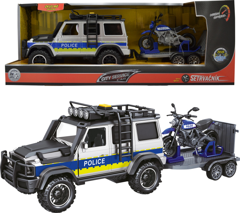 CITY SERVICE CAR - 1:14 - Policejní auto s přívěsem a motorkou (se zvukem a světly)