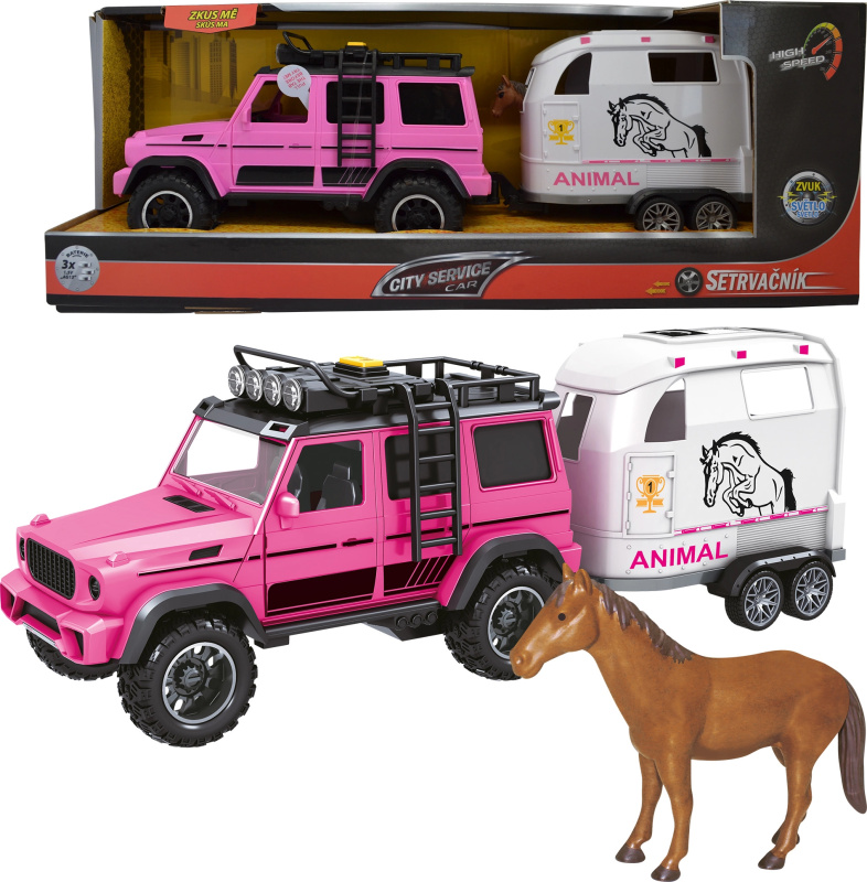 CITY SERVICE CAR - 1:14 - Růžové terénní vozidlo s přívěsem a koněm (se zvukem a světly)