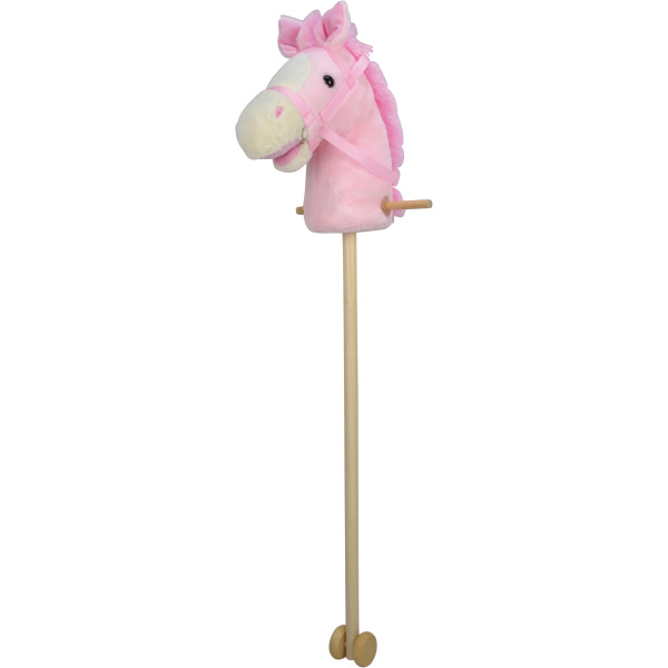 Růžový kůň na tyči 95 cm, se zvukem koně. S kolečky, odnímatelná dřevěná tyč