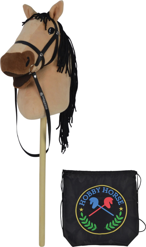 Béžový kůň na tyči 73 cm, s černým batohem, se zvukem koně