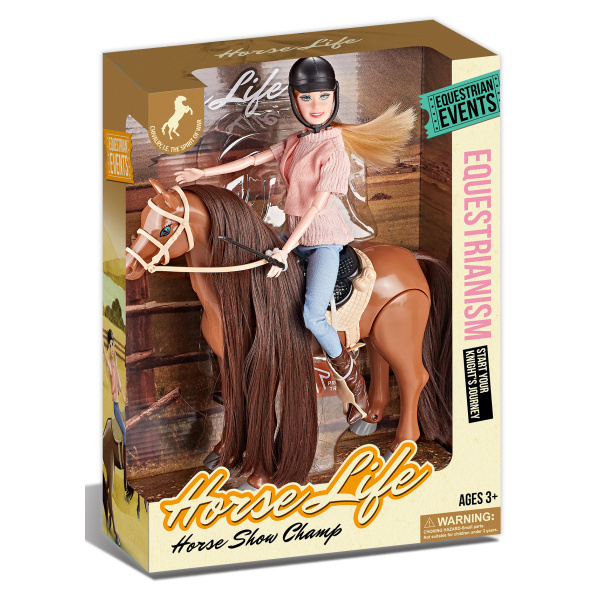 Jezdecký hnědý kůň na baterie se zvuky + jezdkyně
