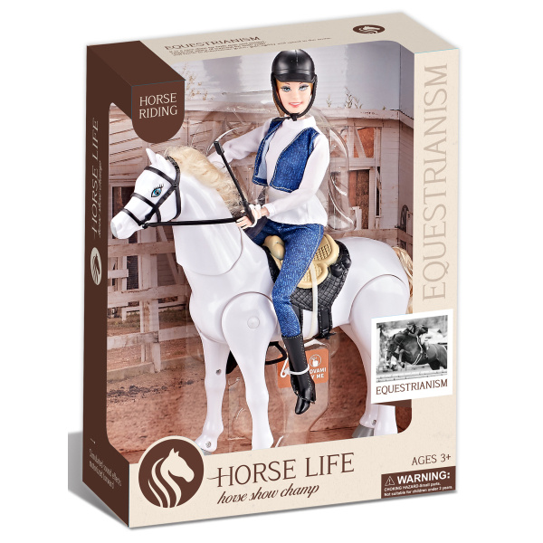 Jezdecký bílý kůň na baterie se zvuky + jezdkyně