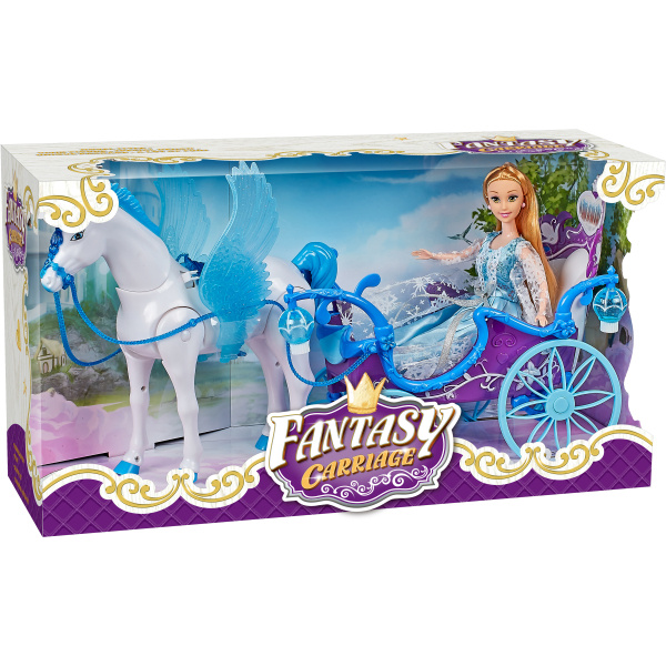 Magický kočár modrý s Pegasem a panenkou - světlo, zvuk