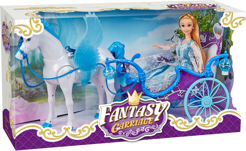 Magický kočár modrý s Pegasem a panenkou - světlo, zvuk