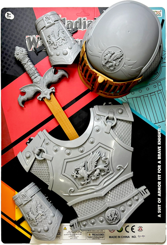 Rytířská sada se stříbrným mečem, zbrojí a helmou