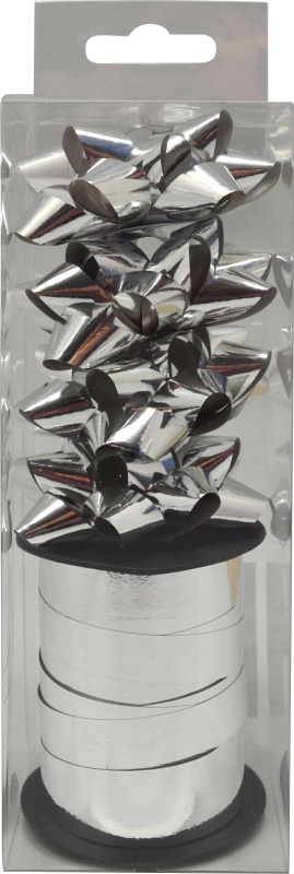 Sada stříbrných dárkových mašlí se stuhou 10 m, 4 ks