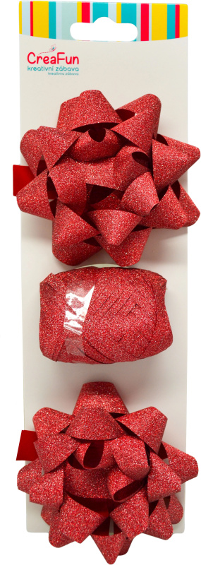 Třpytivá dárková balicí sada červená se stuhou a hvězdicovými mašlemi