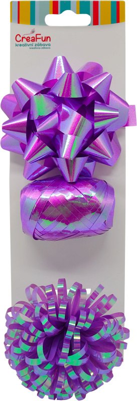 Dárková sada fialová duhově lesklá – stuha 10 m a 2 mašle