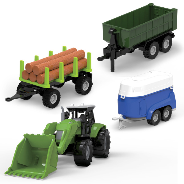 FARM SERVICE - SET Traktor s nakladačem, dvěma valníky a přívěsem se světly a zvuky