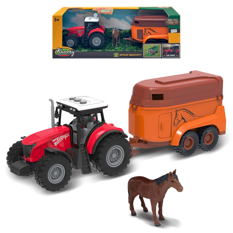 FARM SERVICE - Traktor s přívěsem na koně s koněm se zvuky a světly