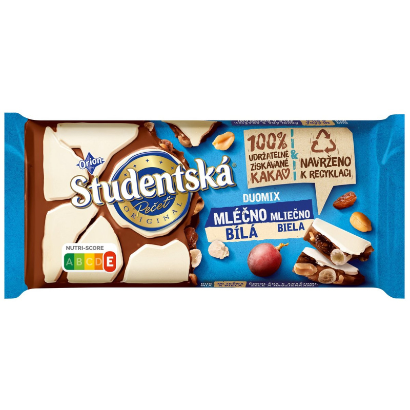 Orion Studentská pečeť Mléčno-Bílá čokoláda s arašídy, rozinkami a želé