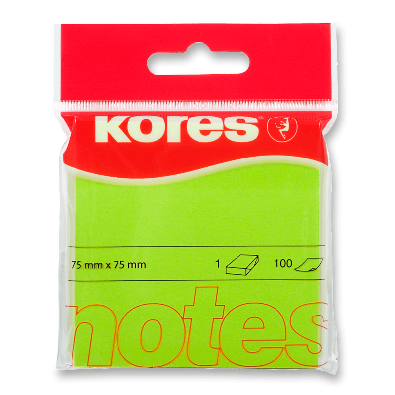 Samolepicí bločky Kores - neonové 75 x 75 mm, 100 listů zelené